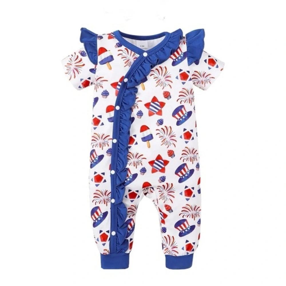 4th of July Baby Girl Outfits Jumpsuit Short Sleeve American Flag romper 6-9M